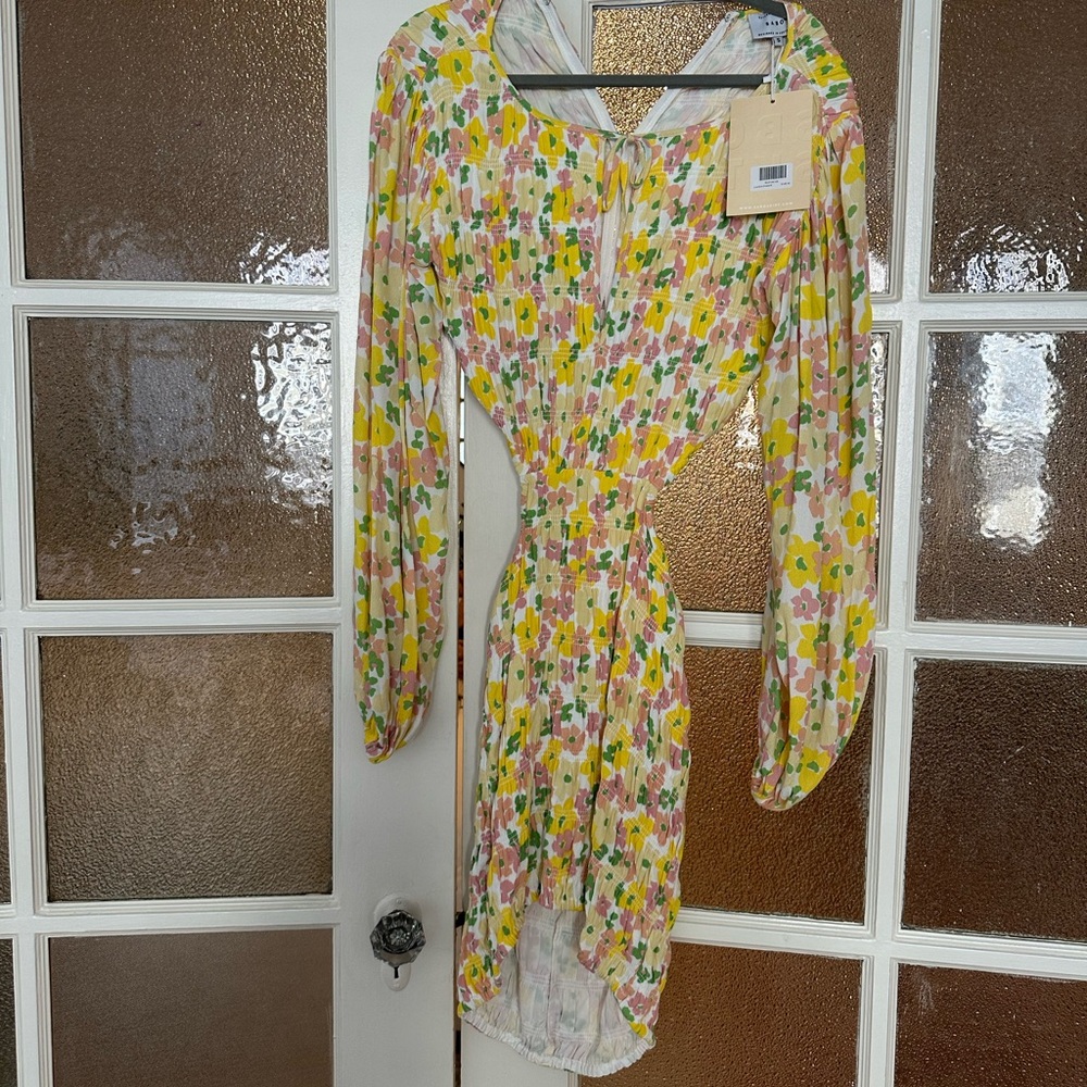 Sabo Skirt Long Sleeve Floral Mini Dress in Yellow, Pink & Green